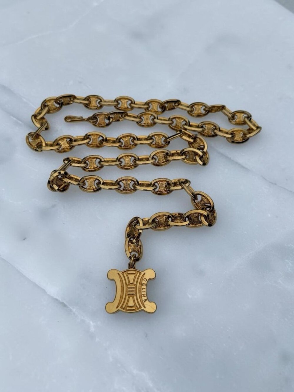 Vintage Celine Triomphe Gold Chain Necklace/Belt 42” Long Mariner Link Pendant